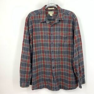 LL‎ Bean Men Size XL Shirt Button Down Top Flannel Gray Red Scotch Plaid Cotton